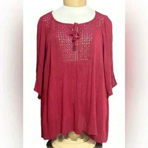 ❤️Catherines Rayon Lightweight Crochet Plus Blouse 3XW petite Wine Jeweled Tone